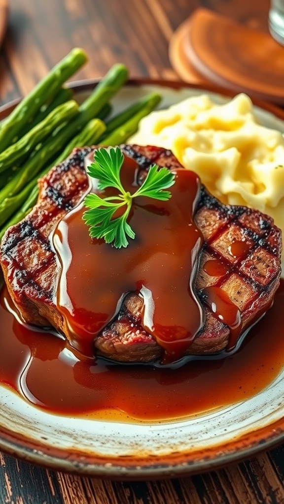 Juicy steak with rich gravy, mashed potatoes, and vegetables on a rustic table setting.